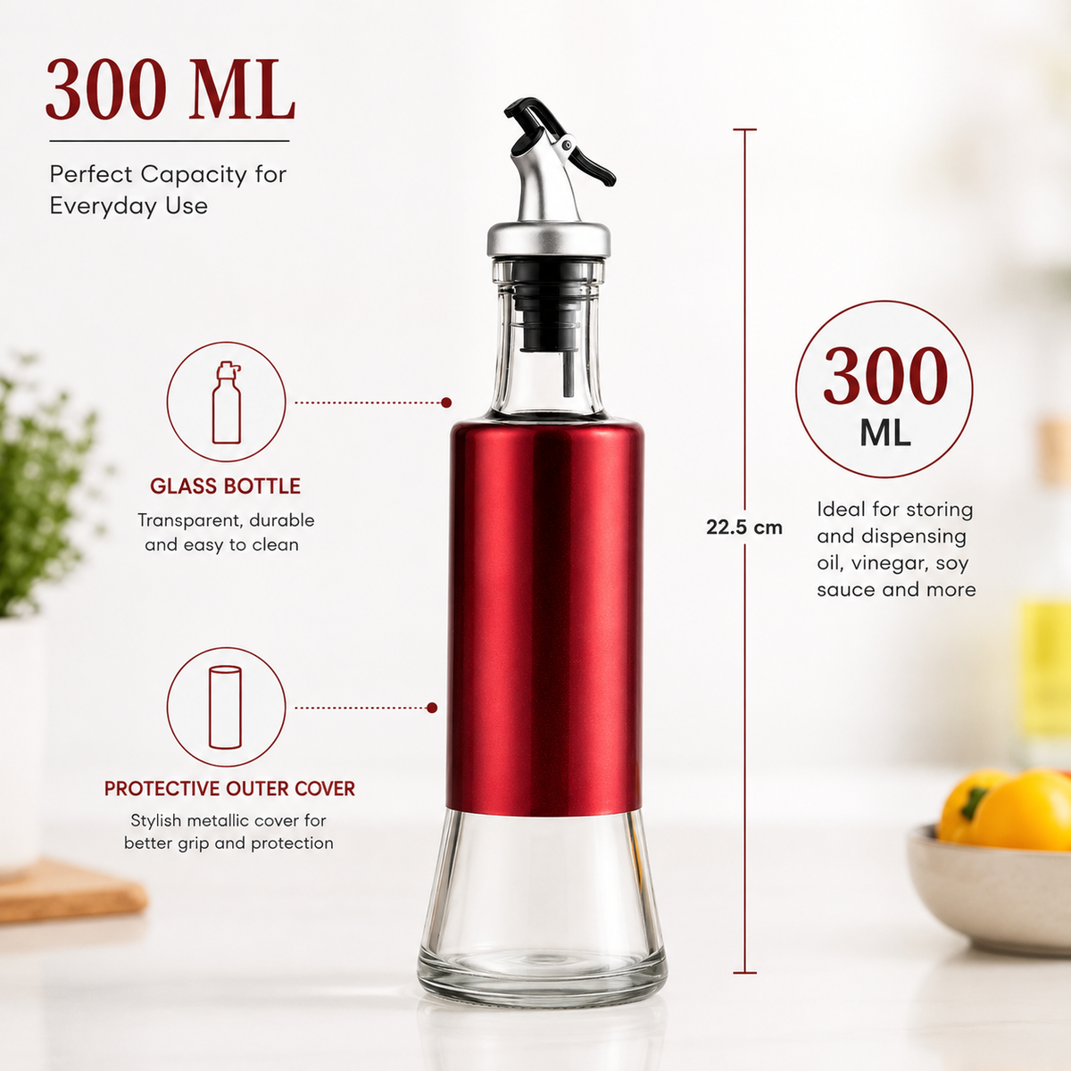 Premium 300ml Glass oil Dispenser with Press-controlled Pouring & Protective Cover