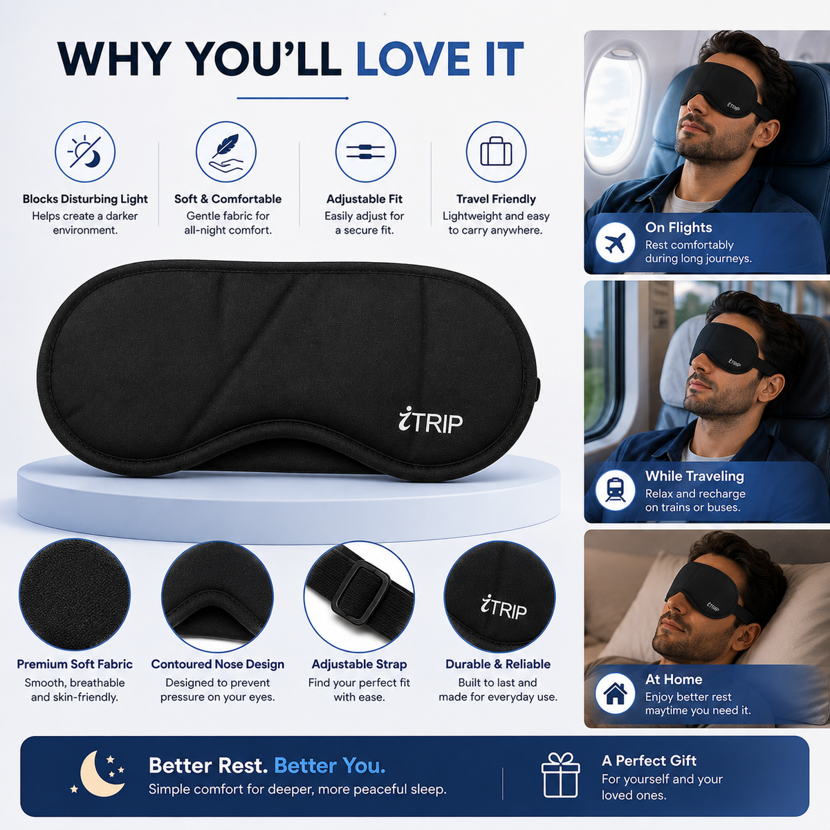 Premium Soft Sleeping Eye Mask | Light Blocking, Adjustable Strap & Comfortable Fit For Sleep & Travel