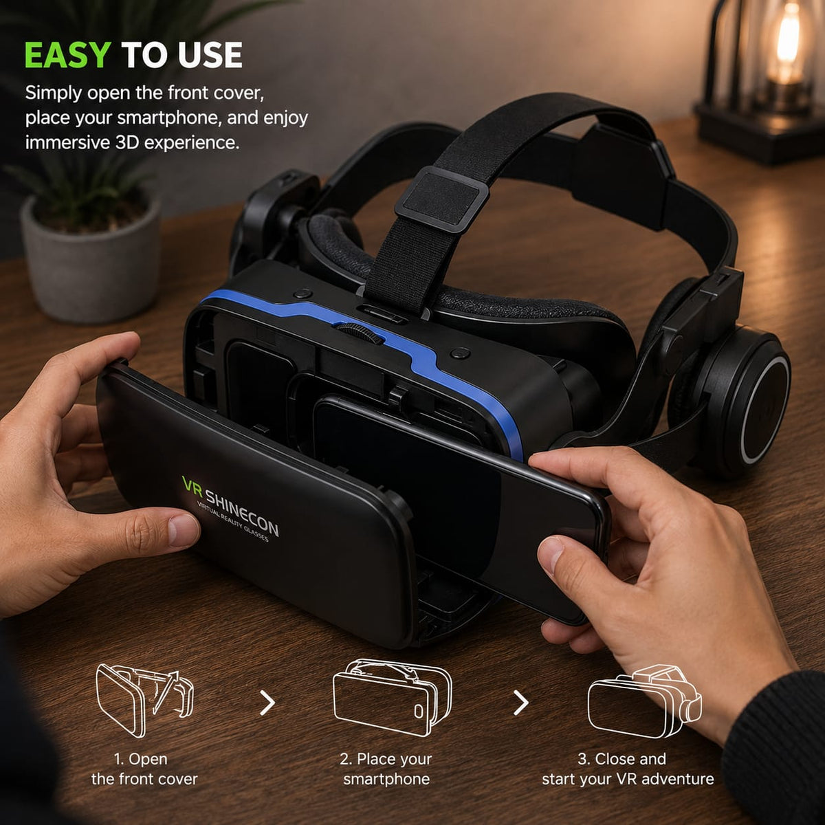 VR Shinecon 3D Virtual Reality Headset With Integrated Headphones - Adjustable Focus & 60 - 70mm IPD | 4.7" - 6.53" Smartphone Compatible