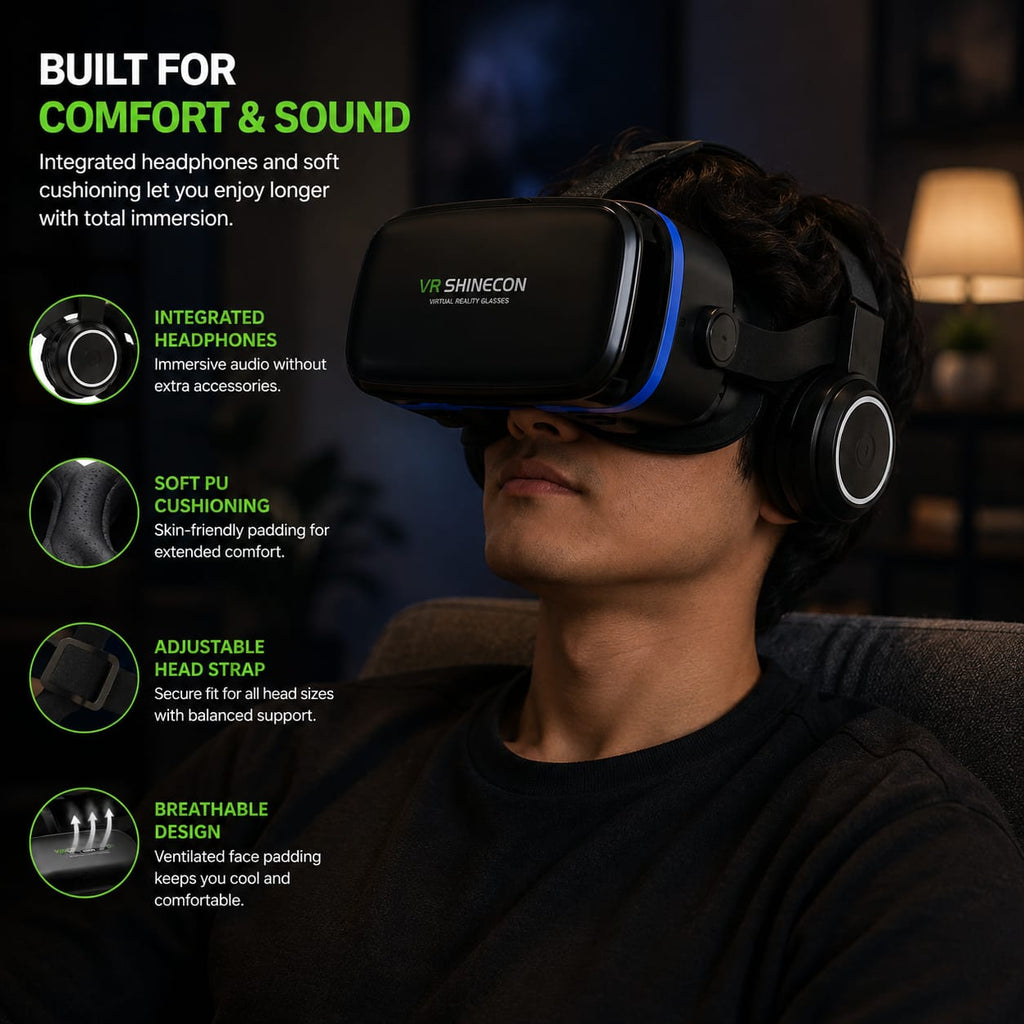 VR Shinecon 3D Virtual Reality Headset With Integrated Headphones - Adjustable Focus & 60 - 70mm IPD | 4.7" - 6.53" Smartphone Compatible