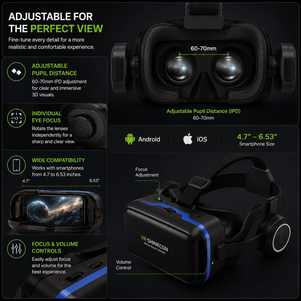 VR Shinecon 3D Virtual Reality Headset With Integrated Headphones - Adjustable Focus & 60 - 70mm IPD | 4.7" - 6.53" Smartphone Compatible
