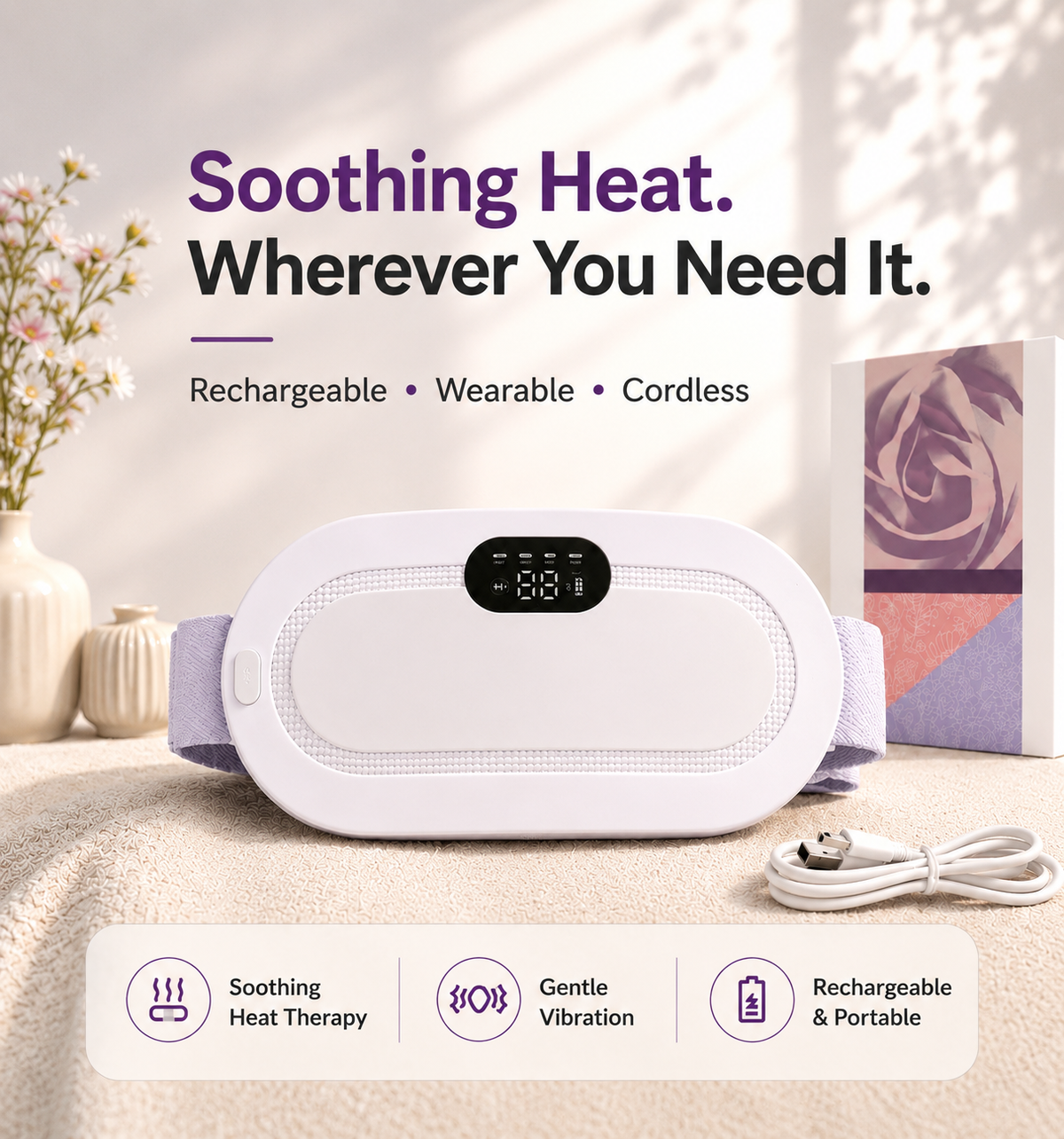 Smart Period Cramp Relief Belt -- Wearable Heat & Gentle Vibration Therapy